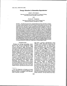 Energy Allocation in Mammalian Reproduction' Energy Use During Mammalian Repro- Duction Has Received Considerable Atten- Tion In