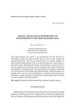 Spatial and Seasonal Distribution of Echinoderms in the Boka Kotorska Bay