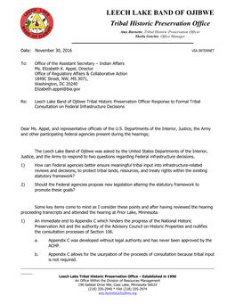 Leech Lake Band of Ojibwe Tribal Historic Preservation Officer Response to Formal Tribal Consultation on Federal Infrastructure Decisions