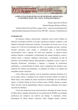 A Implantação Do Ifnmg No Município De Arinos (Mg): a Construção De Uma “Nova” Paisagem Urbana