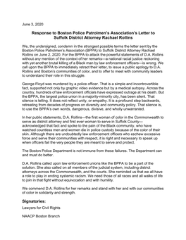 Response to Boston Police Patrolmen's Association's Letter to Suffolk District Attorney Rachael Rollins Signatories