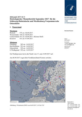 Hydrologischer Monatsbericht September 2017 Für Die Schleswig-Holsteinische Und Mecklenburg-Vorpommersche Ostseeküste