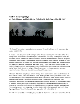 Last of the Doughboys by Chris Gibbons Published in the Philadelphia Daily News, May 25, 2007