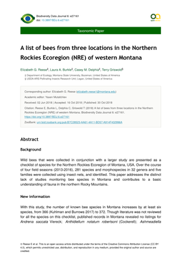 A List of Bees from Three Locations in the Northern Rockies Ecoregion (NRE) of Western Montana