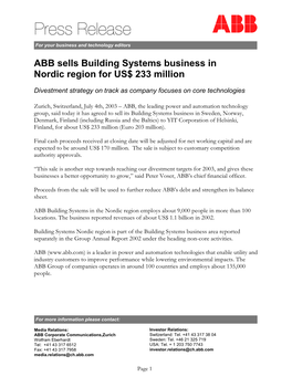 ABB Sells Building Systems Business in Nordic Region for US$ 233 Million