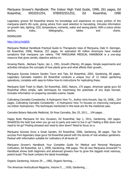 Marijuana Grower's Handbook: the Indoor High Yield Guide, 1998, 261 Pages, Ed Rosenthal, 0932551254, 9780932551252, Ed Rosenthal, 1998