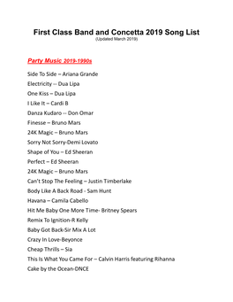 First Class Band and Concetta 2019 Song List (Updated March 2019)