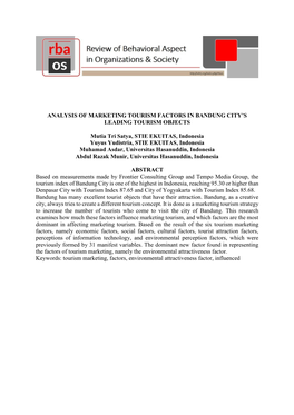 ANALYSIS of MARKETING TOURISM FACTORS in BANDUNG CITY's LEADING TOURISM OBJECTS Mutia Tri Satya, STIE EKUITAS, Indonesia Yuyus