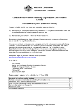 Consultation Document on Listing Eligibility and Conservation Actions