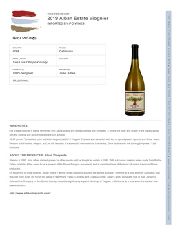 Wine Tech Sheet: 2019 Alban Estate Viognier