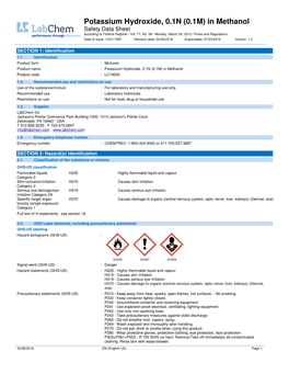 Potassium Hydroxide, 0.1N (0.1M) in Methanol Safety Data Sheet According to Federal Register / Vol