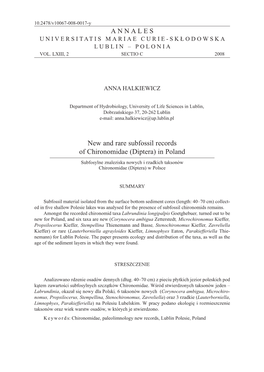 New and Rare Subfossil Records of Chironomidae (Diptera) in Poland Subfosylne Znaleziska Nowych I Rzadkich Taksonów Chironomidae (Diptera) W Polsce