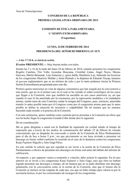 1- Área De Transcripciones CONGRESO DE LA REPÚBLICA PRIMERA LEGISLATURA ORDINARIA DE 2013 COMISIÓN DE ÉTICA PARLAMENTARIA 1