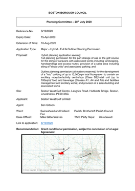 BOSTON BOROUGH COUNCIL Planning Committee – 28Th July 2020 Reference No: B/19/0520 Expiry Date: 15-Apr-2020 Extension of Time