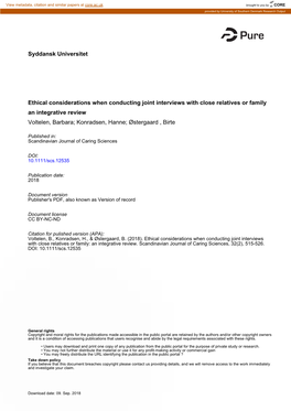 Ethical Considerations When Conducting Joint Interviews with Close Relatives Or Family an Integrative Review Voltelen, Barbara; Konradsen, Hanne; Østergaard , Birte