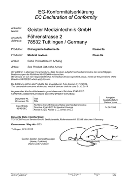 EG-Konformitätserklärung EC Declaration of Conformity Geister