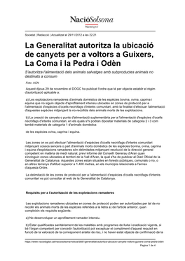 La Generalitat Autoritza La Ubicació De Canyets Per a Voltors A