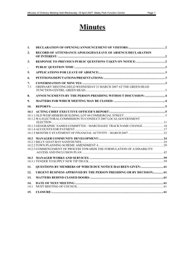 Minutes of Ordinary Meeting Held Wednesday 18 April 2007, Maley Park Function Centre Page 1