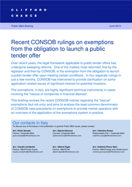 Recent CONSOB Rulings on Exemptions from the Obligation to Launch a Public Tender Offer