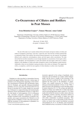 Co-Occurrence of Ciliates and Rotifers in Peat Mosses