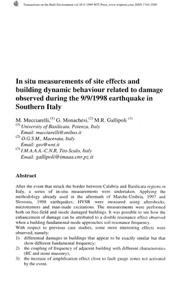 In Situ Measurements of Site Effects and Building Dynamic Behaviour Related to Damage Observed During the 9/9/1998 Earthquake In