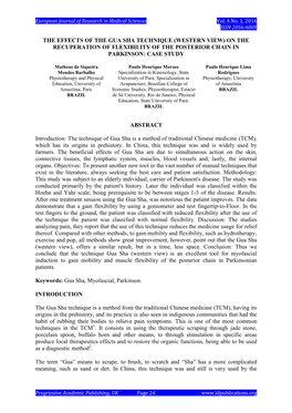 The Effects of the Gua Sha Technique (Western View) on the Recuperation of Flexibility of the Posterior Chain in Parkinson: Case Study