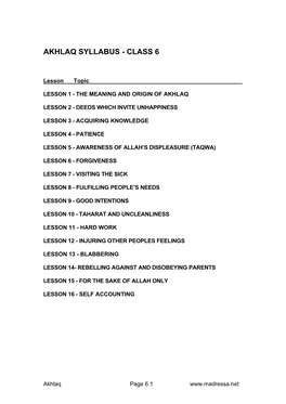 Akhlaq Syllabus - Class 6