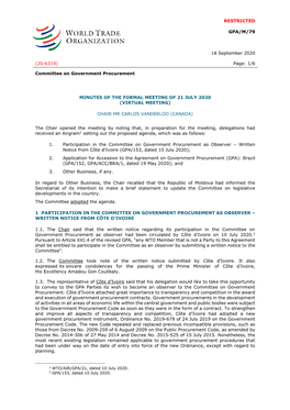 RESTRICTED GPA/M/79 18 September 2020 (20-6319) Page: 1
