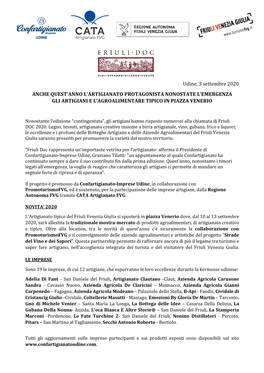 Udine, 3 Settembre 2020 ANCHE QUEST'anno L'artigianato