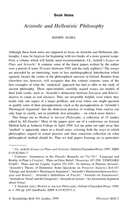 Aristotle and Hellenistic Philosophy