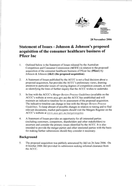 Statement of Issues - Johnson & Johnson's Proposed Acquisition of the Consumer Healthcare Business of Pfizer Inc