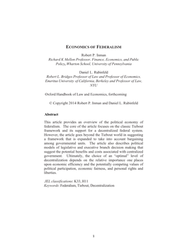 ECONOMICS of FEDERALISM Robert P. Inman Richard K Mellon Professor, Finance, Economics, and Public Policy, Wharton School, Unive