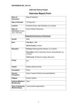 GAA Oral History Project Interview Report Form