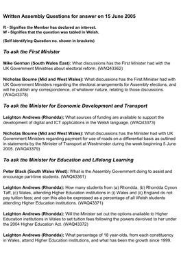 Written Assembly Questions for Answer on 15 June 2005