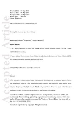 Open Nomenclature in the Biodiversity Era Era Biodiversity the in Nomenclature Open Marcosigovini