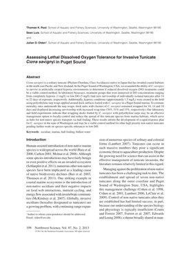 Assessing Lethal Dissolved Oxygen Tolerance for Invasive Tunicate Ciona Savignyi in Puget Sound