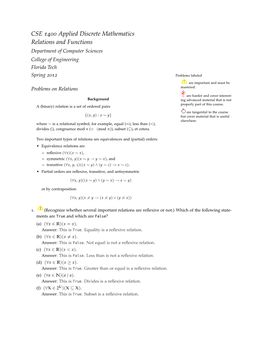 CSE 1400 Applied Discrete Mathematics Relations and Functions Department of Computer Sciences College of Engineering Florida Tech