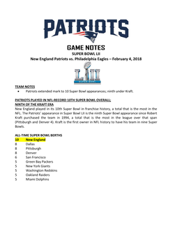 GAME NOTES SUPER BOWL LII New England Patriots Vs