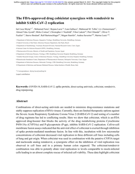 The FDA-Approved Drug Cobicistat Synergizes with Remdesivir to Inhibit SARS-Cov-2 Replication