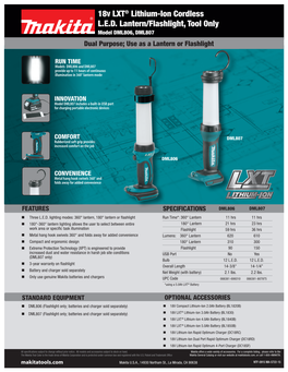 18V LXT® Lithium-Ion Cordless L.E.D. Lantern/Flashlight, Tool Only Model DML806, DML807 Dual Purpose; Use As a Lantern Or Flashlight