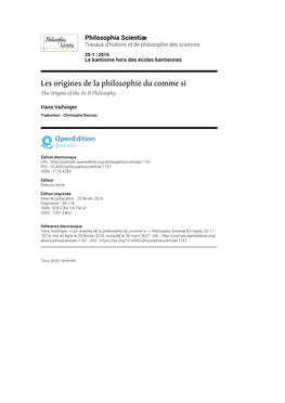 Les Origines De La Philosophie Du Comme Si the Origins of the As If Philosophy