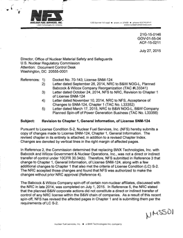 Nuclear Fuel Services, Inc. (NFS) Hereby Submits a Copy of Changes Made to License SNM-124, Chapter 1, General Information
