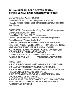 2021 Annual Milford Oyster Festival Canoe &Kayak Race Registration Form