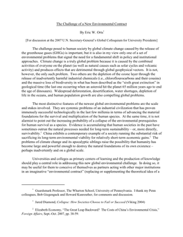 The Challenge of a New Environmental Contract by Eric W. Orts* the Challenge Posed to Human Society by Global Climate Change