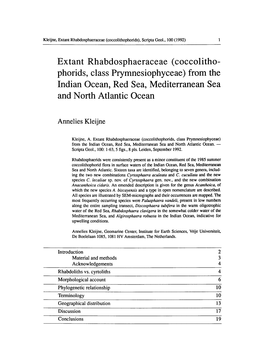 Extant Rhabdosphaeraceae (Coccolitho- Phorids, Class Prymnesiophyceae) from the Indian Ocean, Red Sea, Mediterranean Sea and North Atlantic Ocean