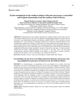 Eyeless Morphotype in the Southern Stingray (Dasyatis Americana): a Non-Lethal and Frequent Abnormality from the Southern Gulf of Mexico