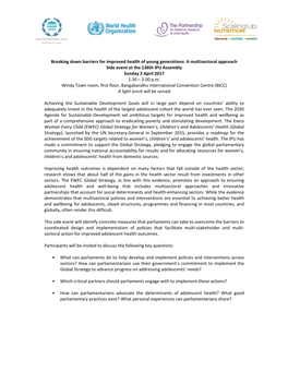 Breaking Down Barriers for Improved Health of Young Generations: a Multisectoral Approach Side Event at the 136Th IPU Assembly Sunday 2 April 2017 1.30 – 3.00 P.M