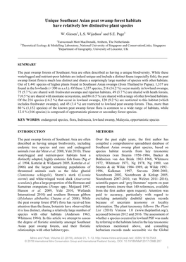 Unique Southeast Asian Peat Swamp Forest Habitats Have Relatively Few Distinctive Plant Species