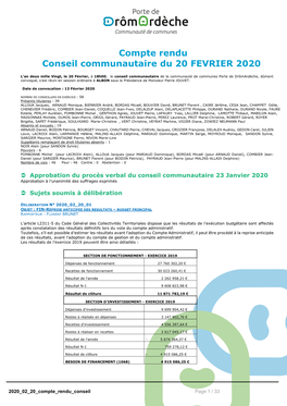 Compte Rendu Conseil Communautaire Du 20 FEVRIER 2020