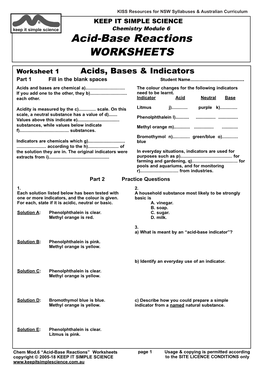 Acid-Base Reactions WORKSHEETS